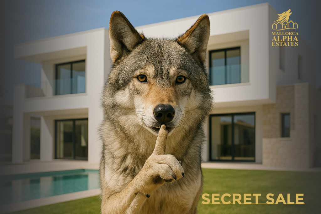 Un lobo ante un chalet moderno al estilo mallorquin. El lobo pide discreción.