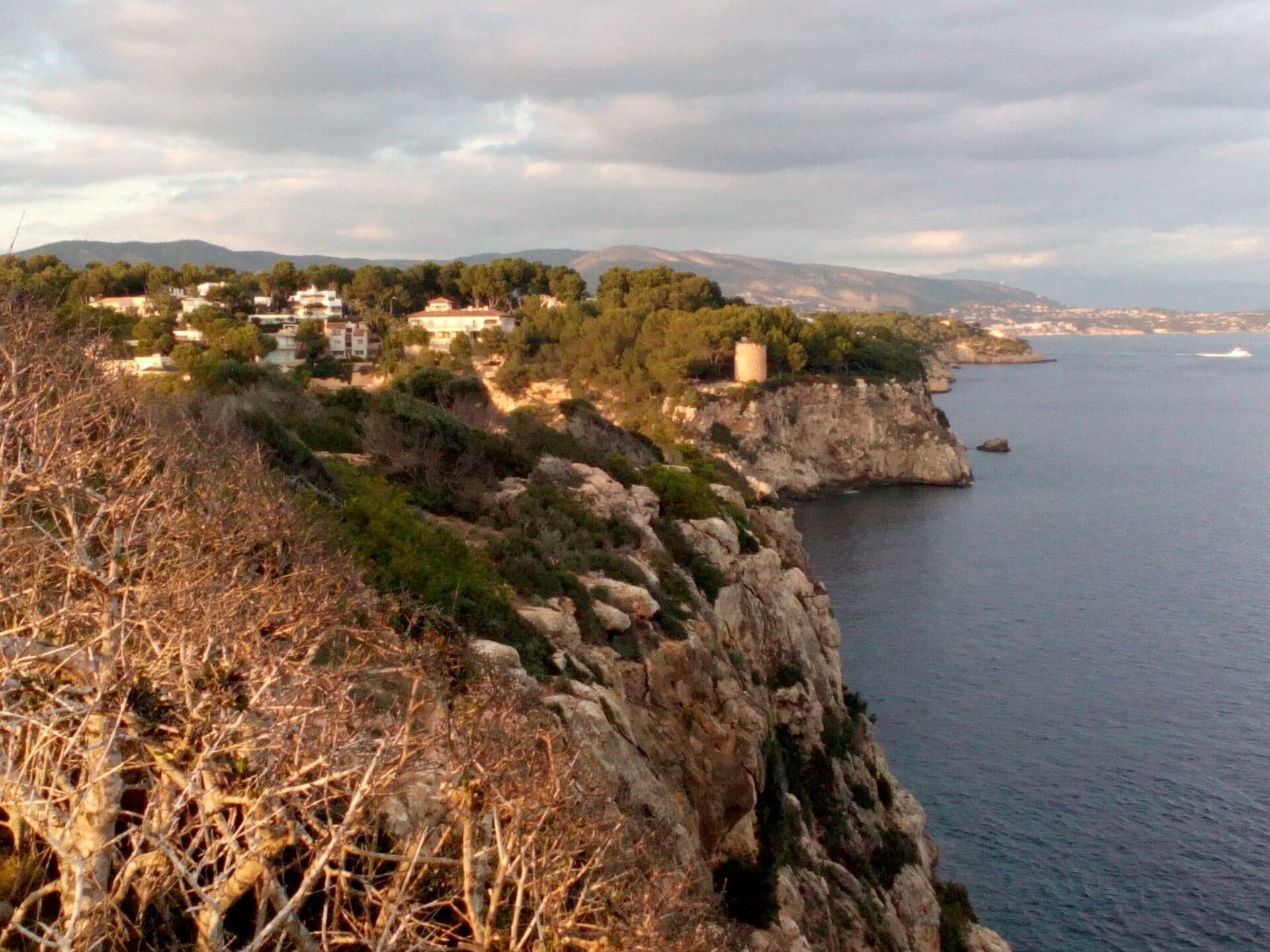 Villas entre pinos en los acantilados de la rocosa costa suroeste, cerca de Sol de Mallorca.