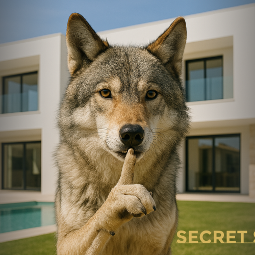 Un lobo ante un chalet moderno al estilo mallorquin. El lobo pide discreción.