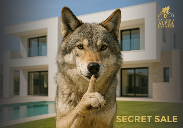 Un lobo ante un chalet moderno al estilo mallorquin. El lobo pide discreción.